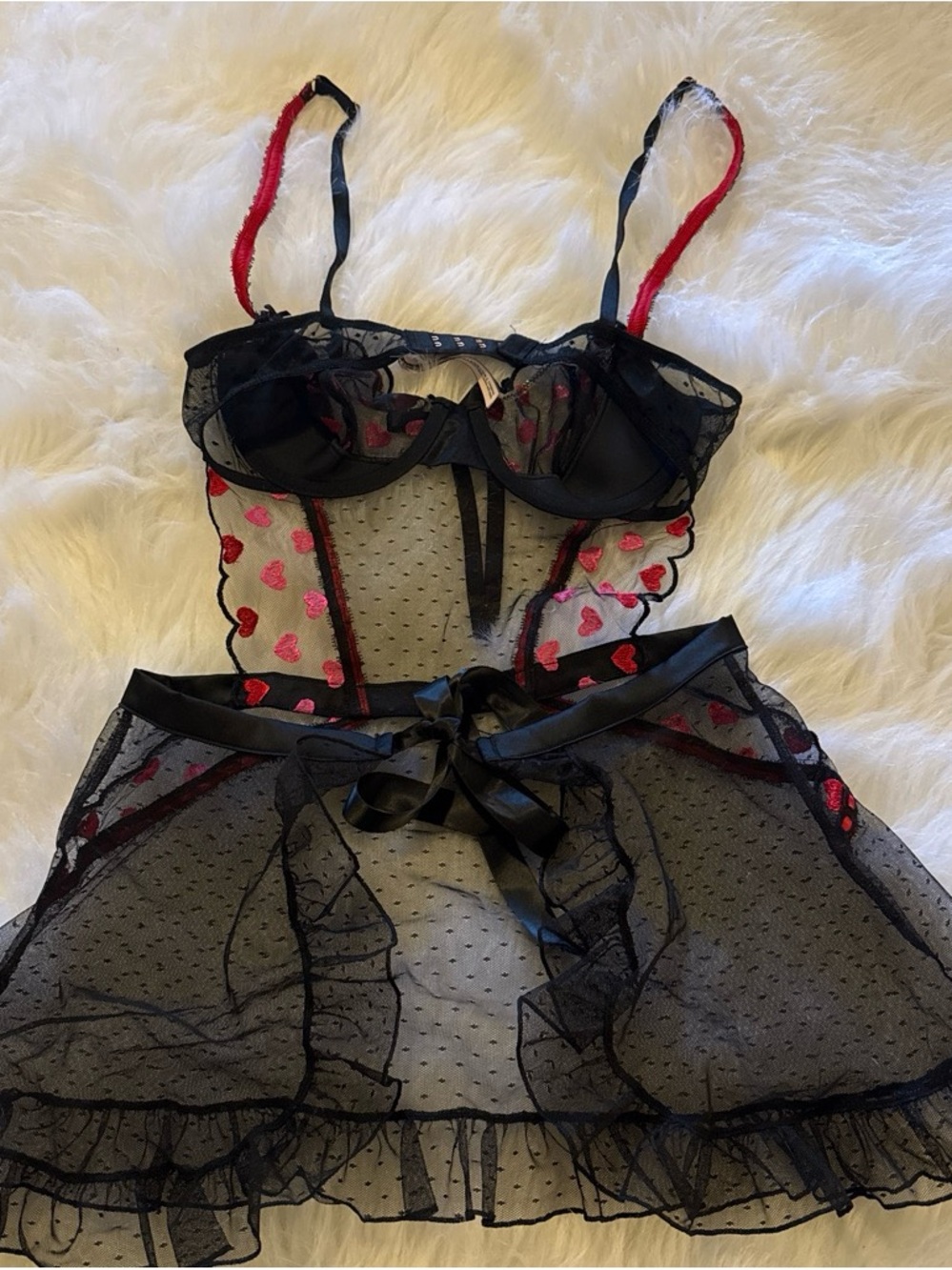 Victoria's Secret Black & Red Heart Lace Chemise